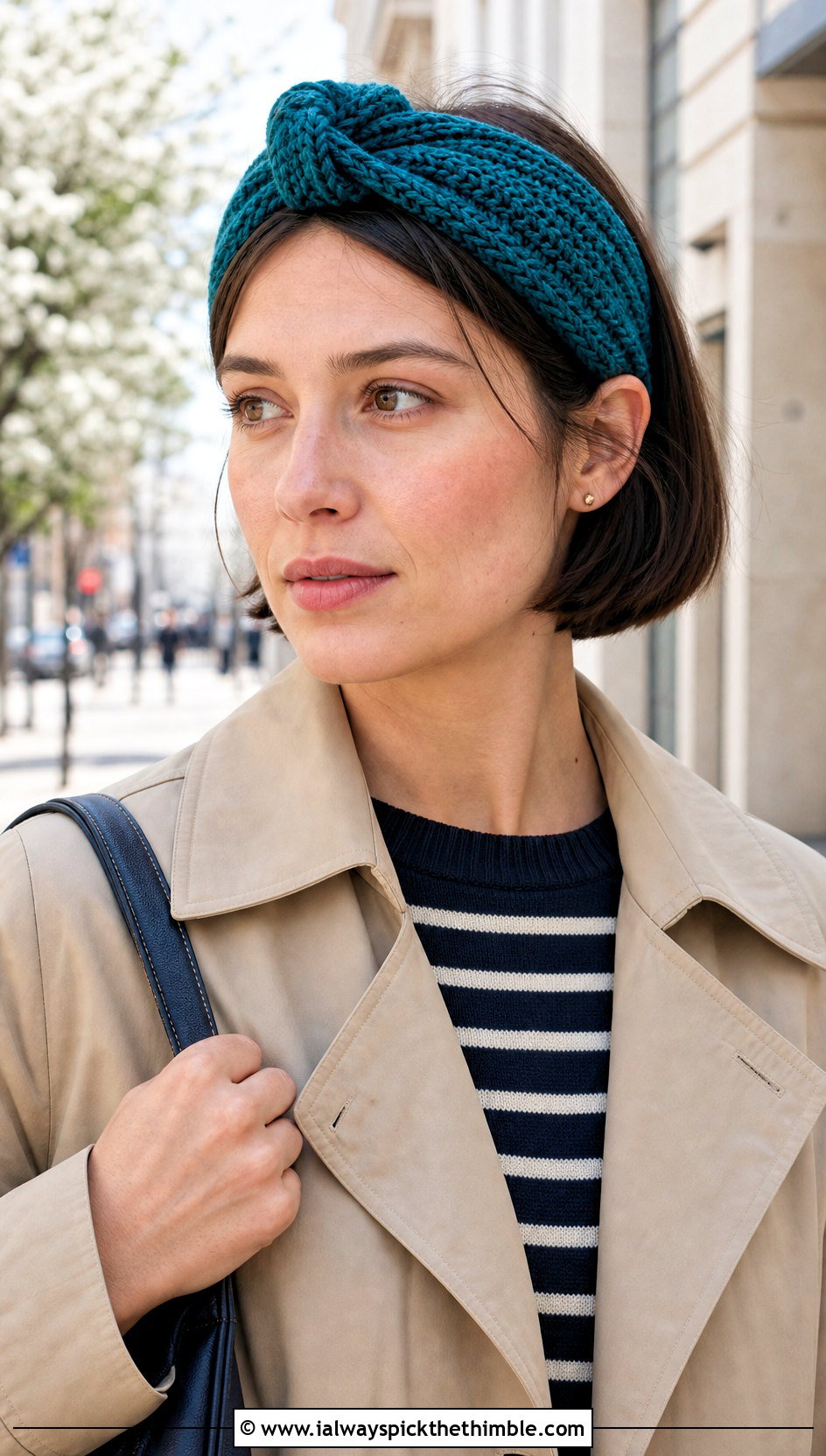 Knot Crochet Headband With Trench Coat - 20 crochet headband for short hair outfit ideas