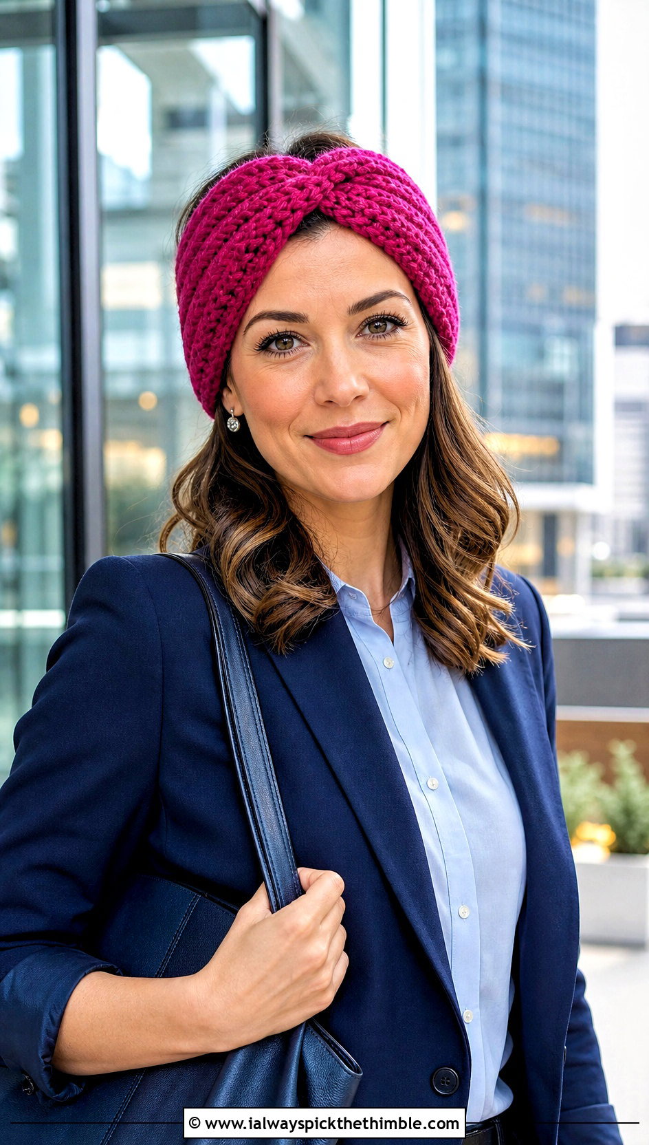 Knot Front Crochet Headband Ear Warmer With Blazer - 20 Crochet Headband Ear Warmers outfit ideas