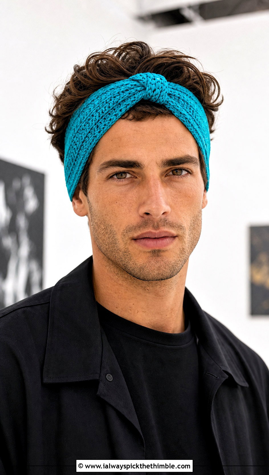 Knot Front Crochet Headband With Monochrome Outfit - 20 men's crochet headband outfit ideas