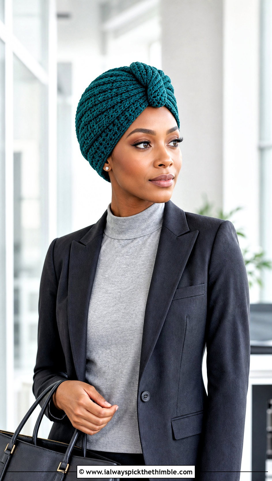 Knot Front Crochet Turban Hat With Blazer And Trousers - 25 crochet turban hat outfit ideas