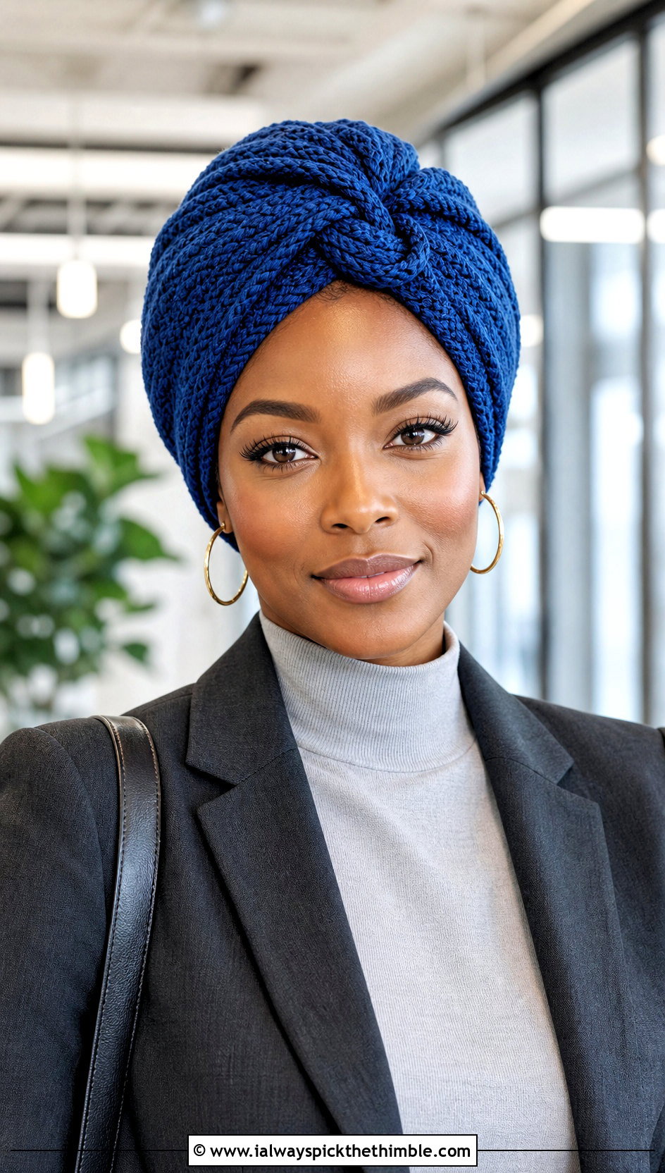Knot Front Crochet Turban Hat With Blazer And Trousers - 15 crochet turban style hat outfit ideas