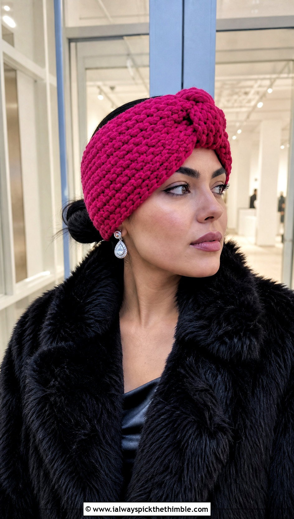 Knot Front Turban Chunky Yarn Crochet Ear Warmer With Faux Fur Coat - 20 chunky yarn crochet ear warmer outfit ideas