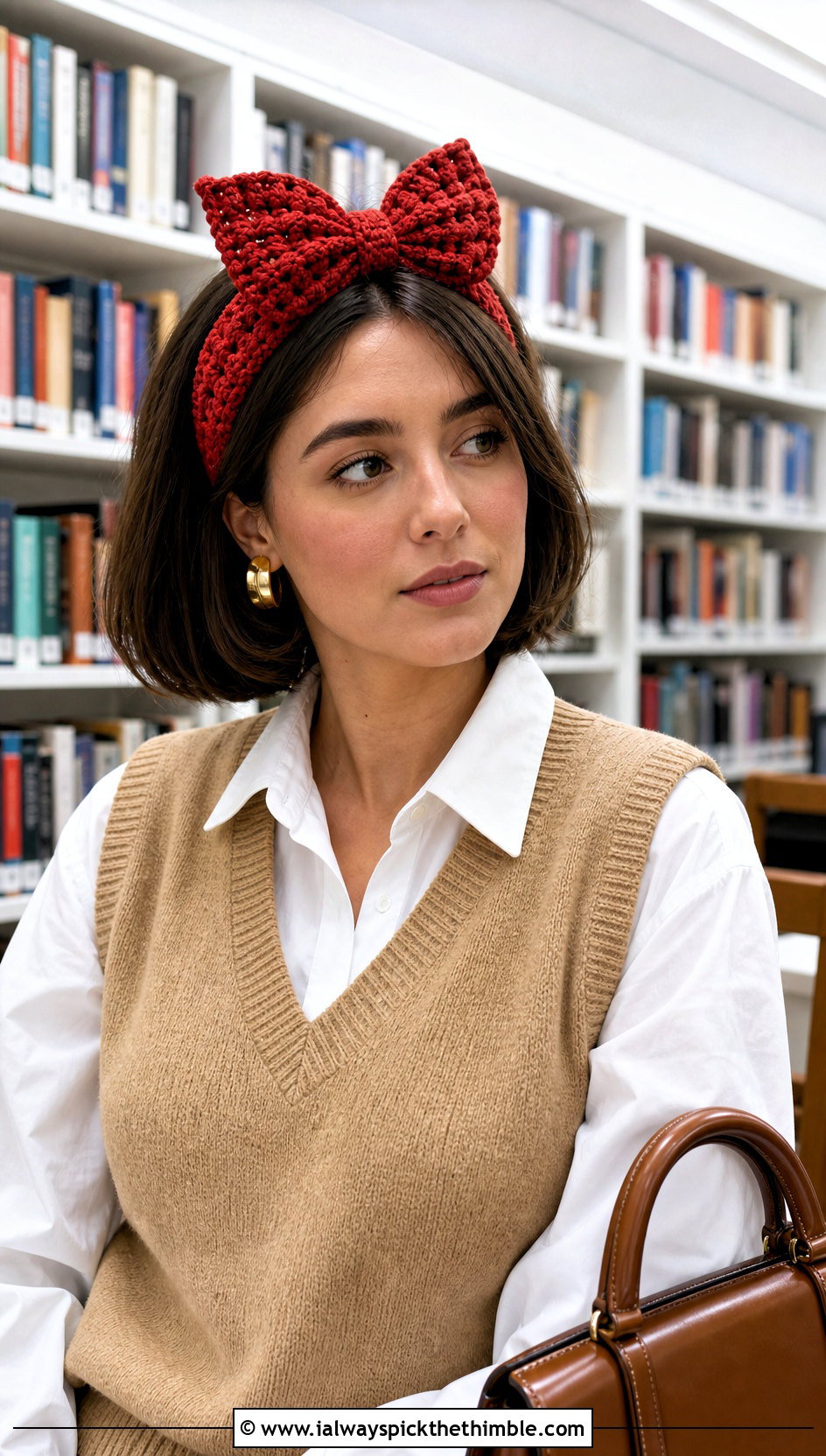 Knotted Butterfly Crochet Headband With Sweater Vest - 15 crochet butterfly headband outfit ideas