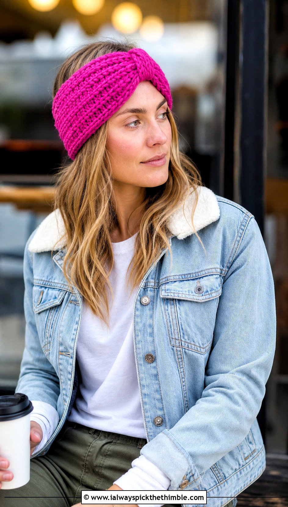 Knotted Crochet Ear Warmer Headband With Denim Jacket - 20 crochet ear warmer headband outfit ideas