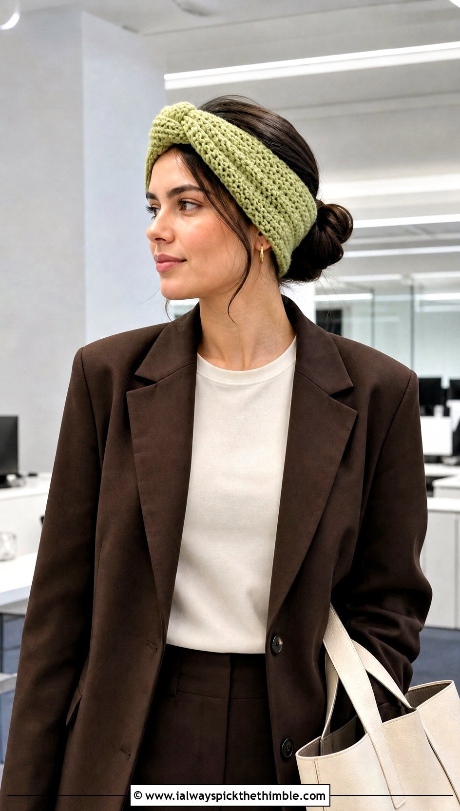 Knotted Crochet Ear Warmer With Tailored Suit - 20 Beginner Crochet Ear Warmer outfit ideas