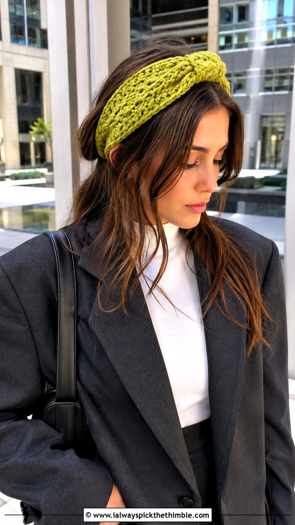 Knotted Crochet Headband With Blazer And Jeans - 25 crochet winter headband outfit ideas