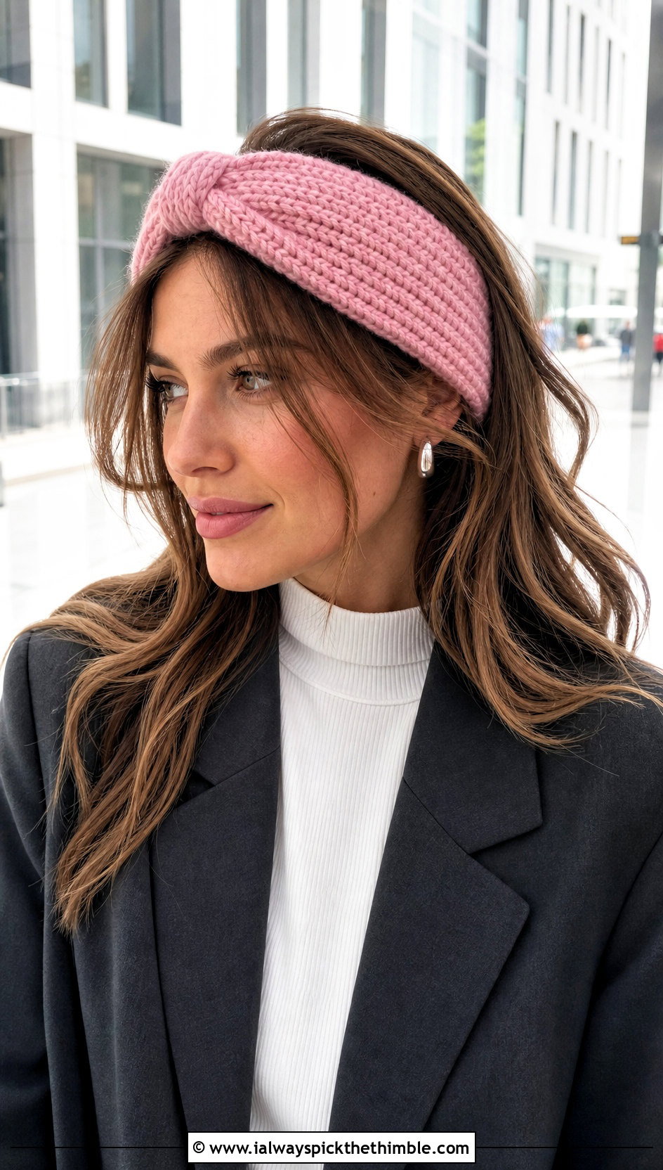 Knotted Crochet Headband With Blazer And Jeans - 25 winter crochet headband outfit ideas