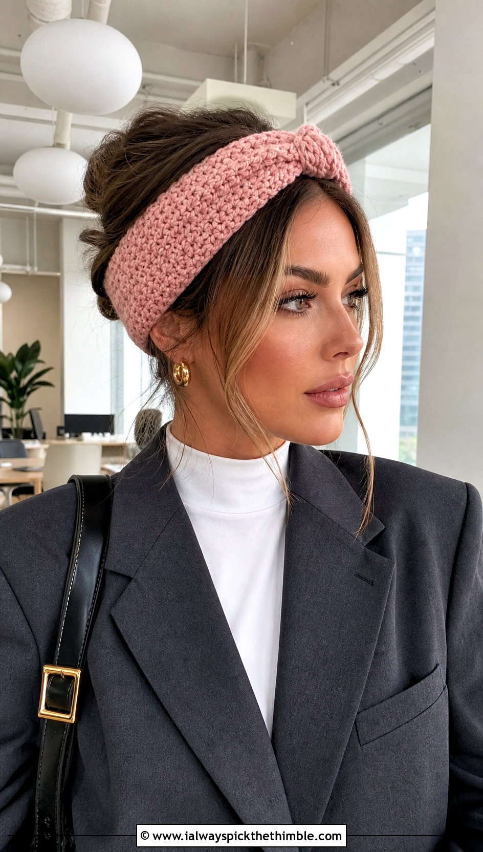 Knotted Crochet Headband With Blazer And Jeans - 20 Easy Crochet Winter Headband outfit ideas