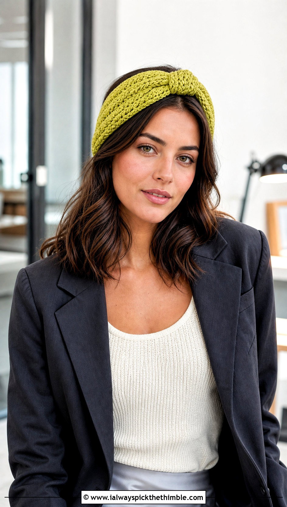 Knotted Crochet Headband With Blazer And Satin Skirt - 20 quick crochet headband outfit ideas