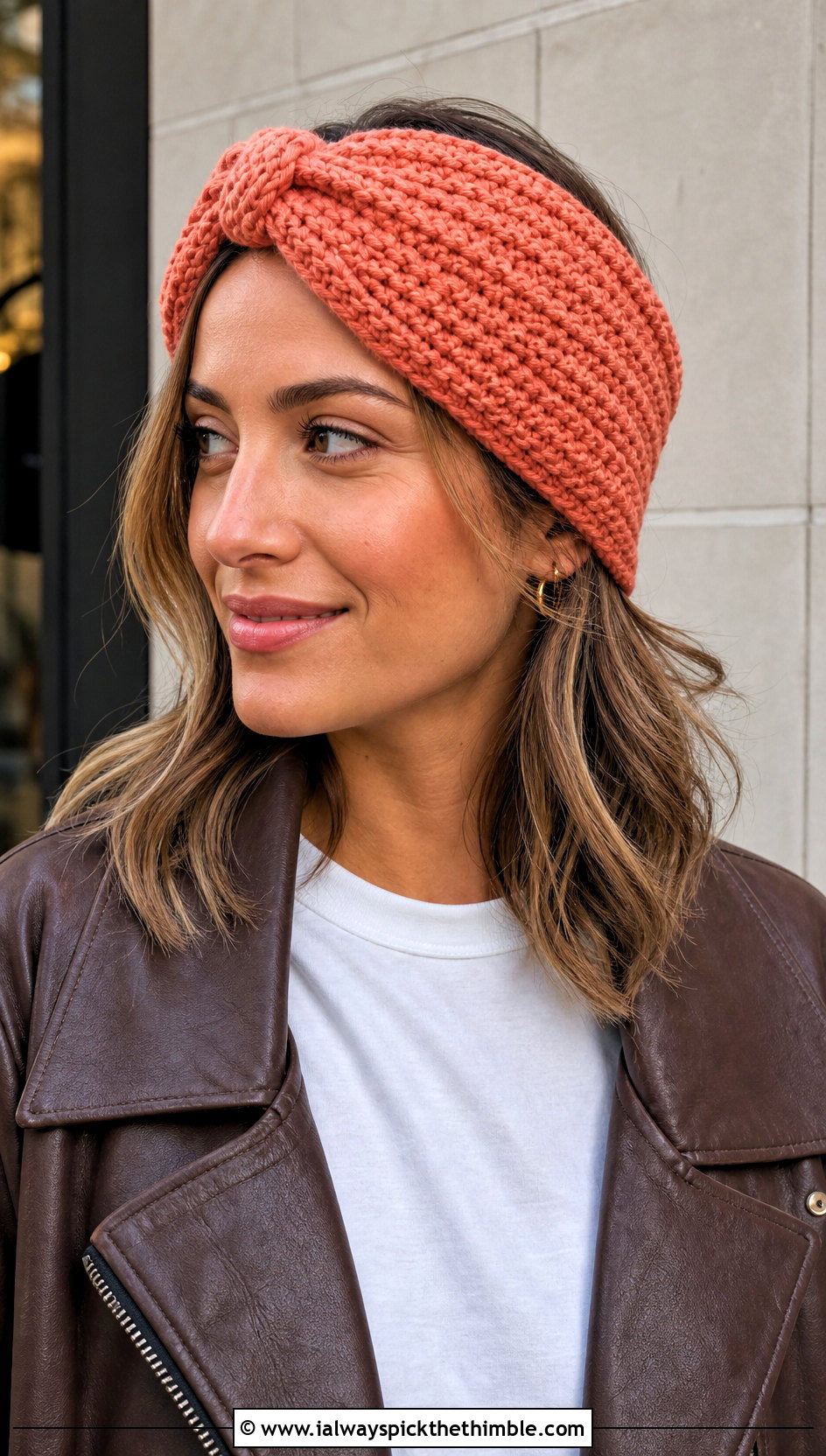 Knotted Crochet Headband With Leather Jacket - 20 crochet headband for women outfit ideas