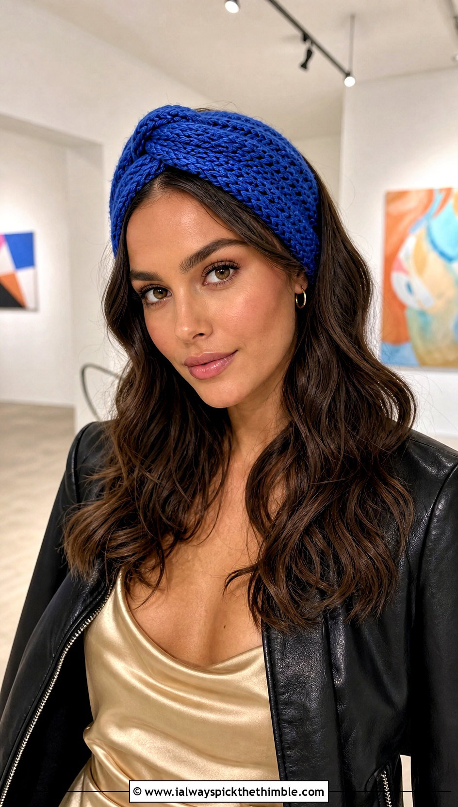 Knotted Crochet Headband With Slip Dress And Leather Jacket - 25 crochet headbands for women outfit ideas