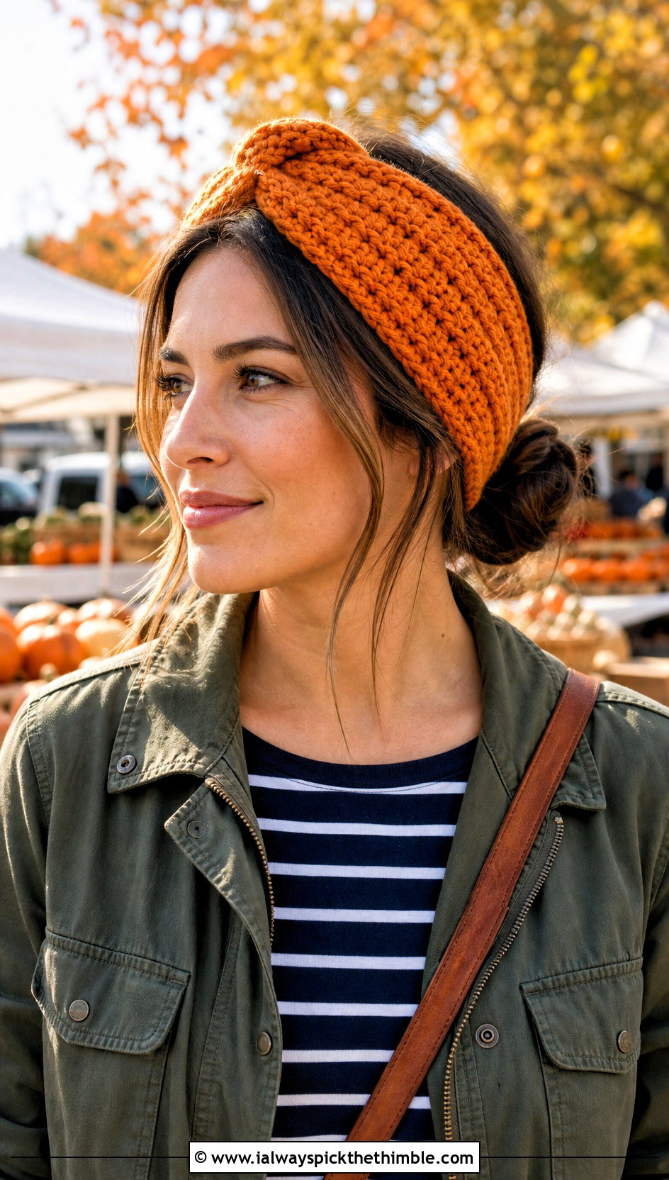 Knotted Crochet Headband With Utility Jacket - 20 crochet fall headband outfit ideas