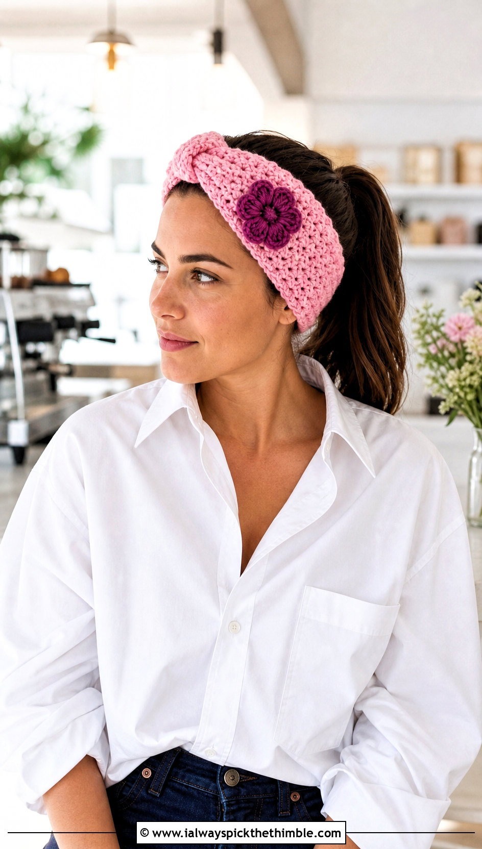 Knotted Crochet Headband With White Shirt And Jeans - 15 crochet headband with purple flower outfit ideas