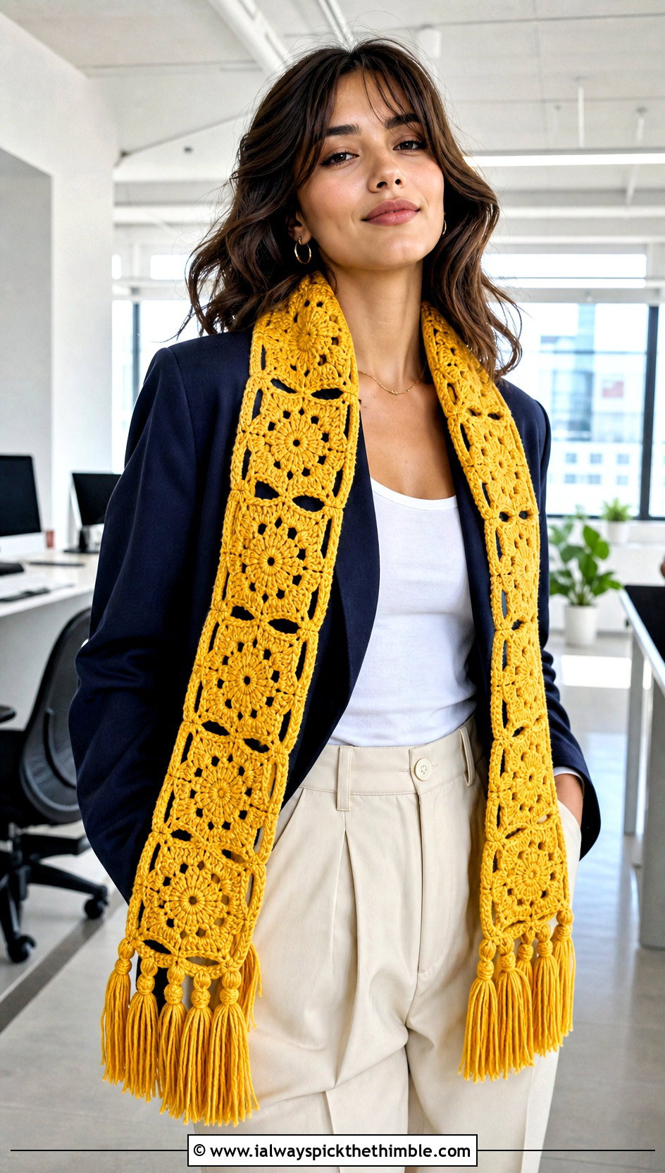 Knotted Fringe Granny Square Scarf With Blazer - 20 Crochet Scarf Fringe Ideas