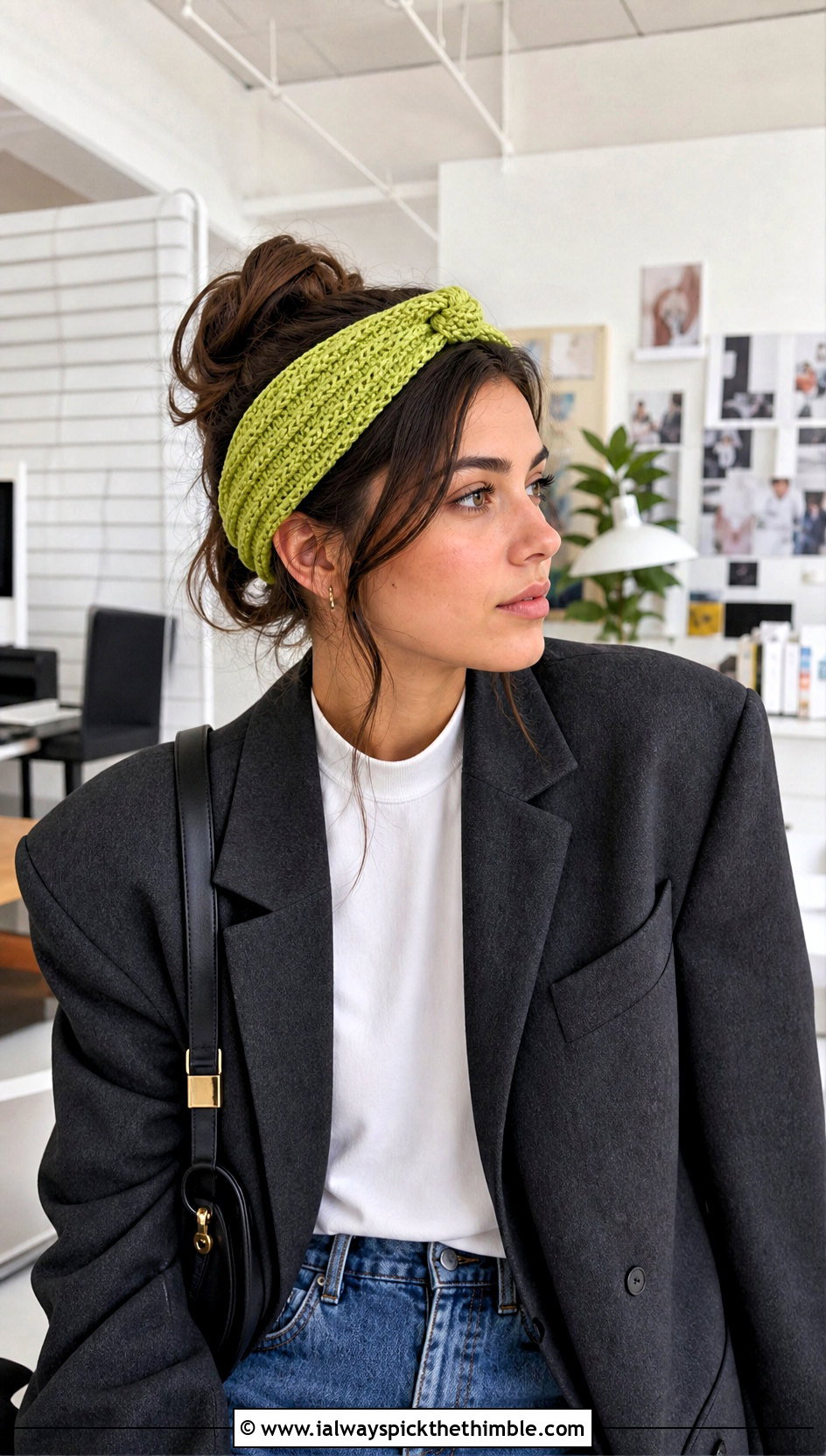 Knotted Ribbed Crochet Headband With Blazer And Jeans - 15 Cozy Ribbed Crochet Headband outfit ideas