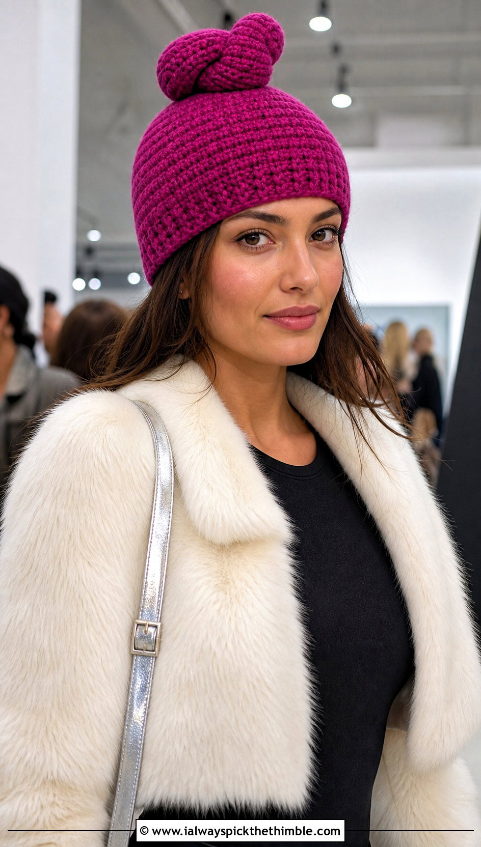 Knotted Tip Crocheted Stocking Cap With Faux Fur Jacket - 15 Crocheted Stocking Cap outfit ideas
