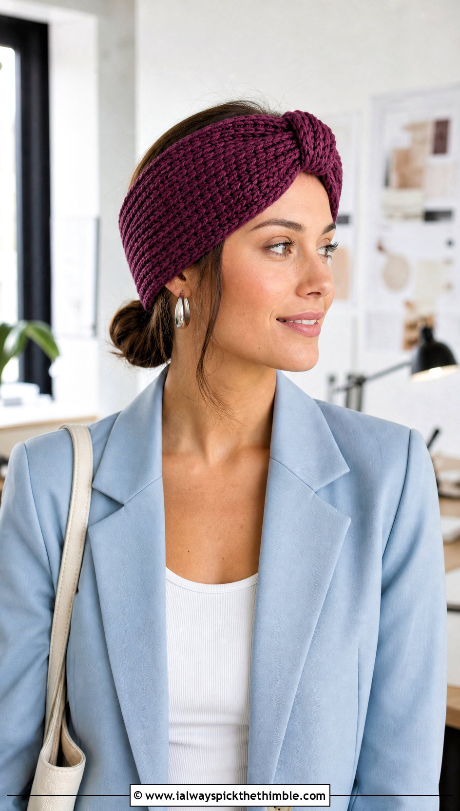 Knotted Turban Crochet Headband With Blazer And Bermuda Shorts - 15 summer crochet headband outfit ideas