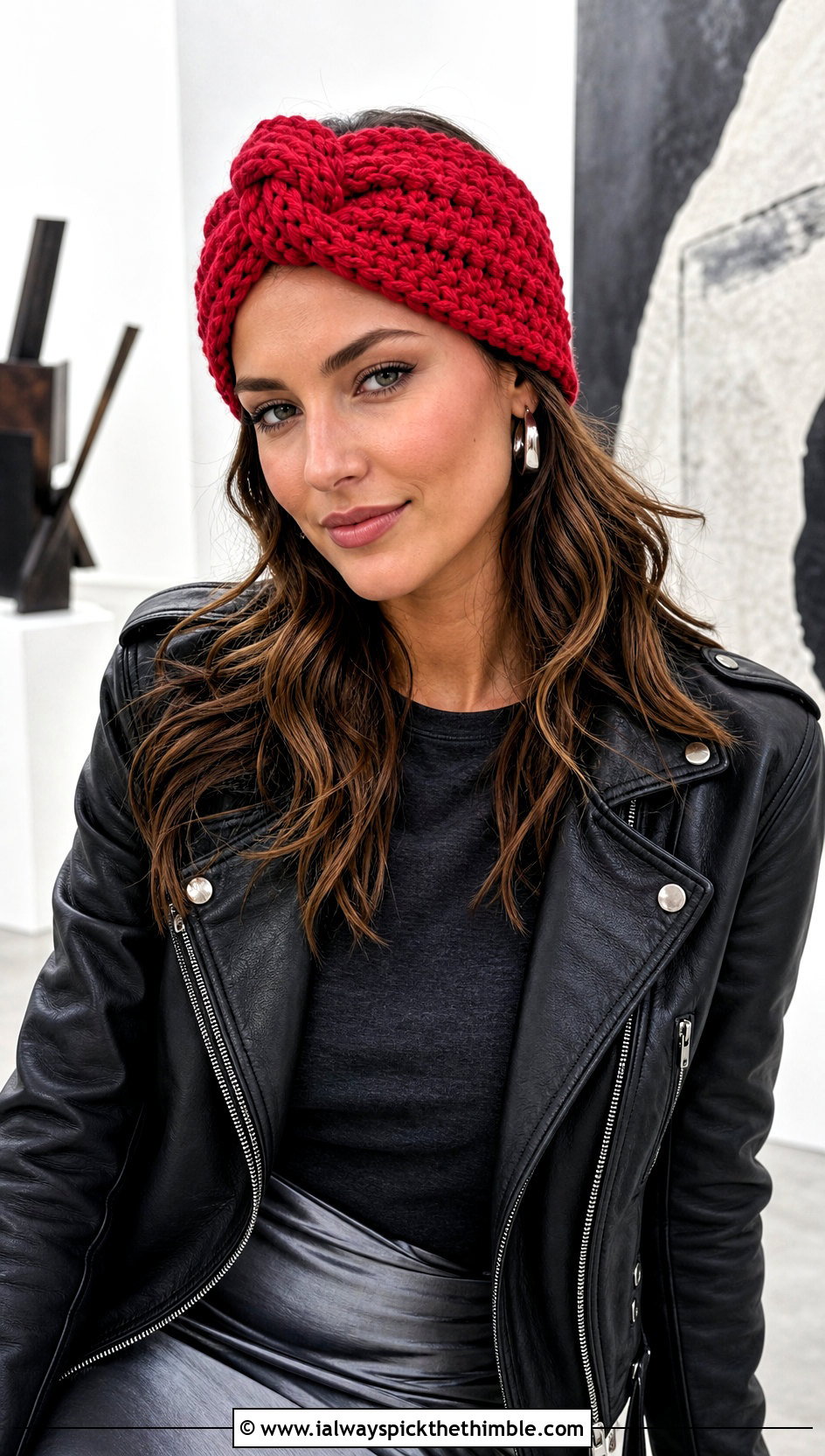 Knotted Wool Ease Thick And Quick Crochet Headband With Leather Jacket - 15 wool ease thick and quick crochet headband outfit ideas