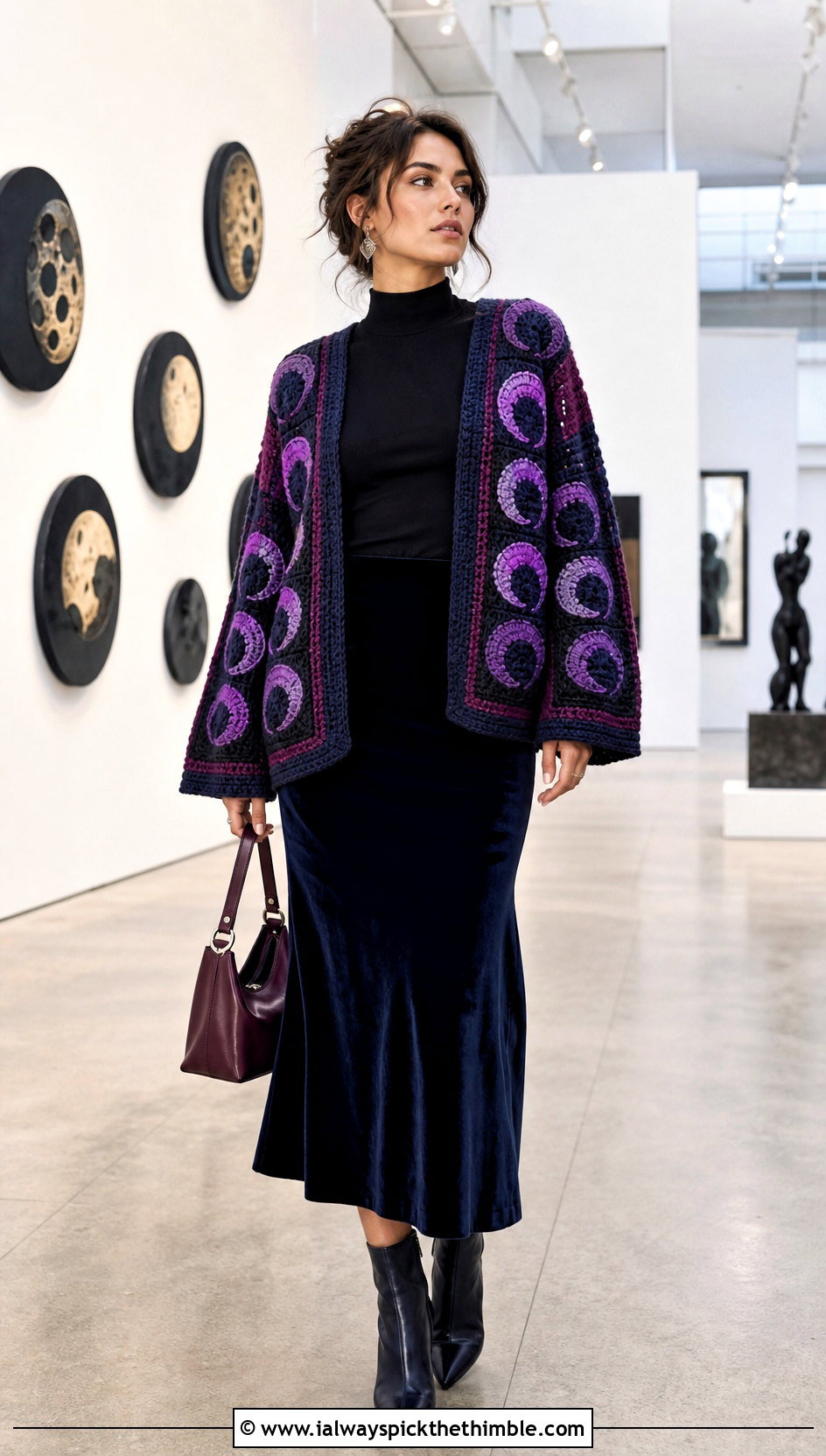 Kokushibo Moon Motif Crochet Cardigan With Velvet Skirt - 25 Demon Slayer Crochet Cardigan outfit ideas