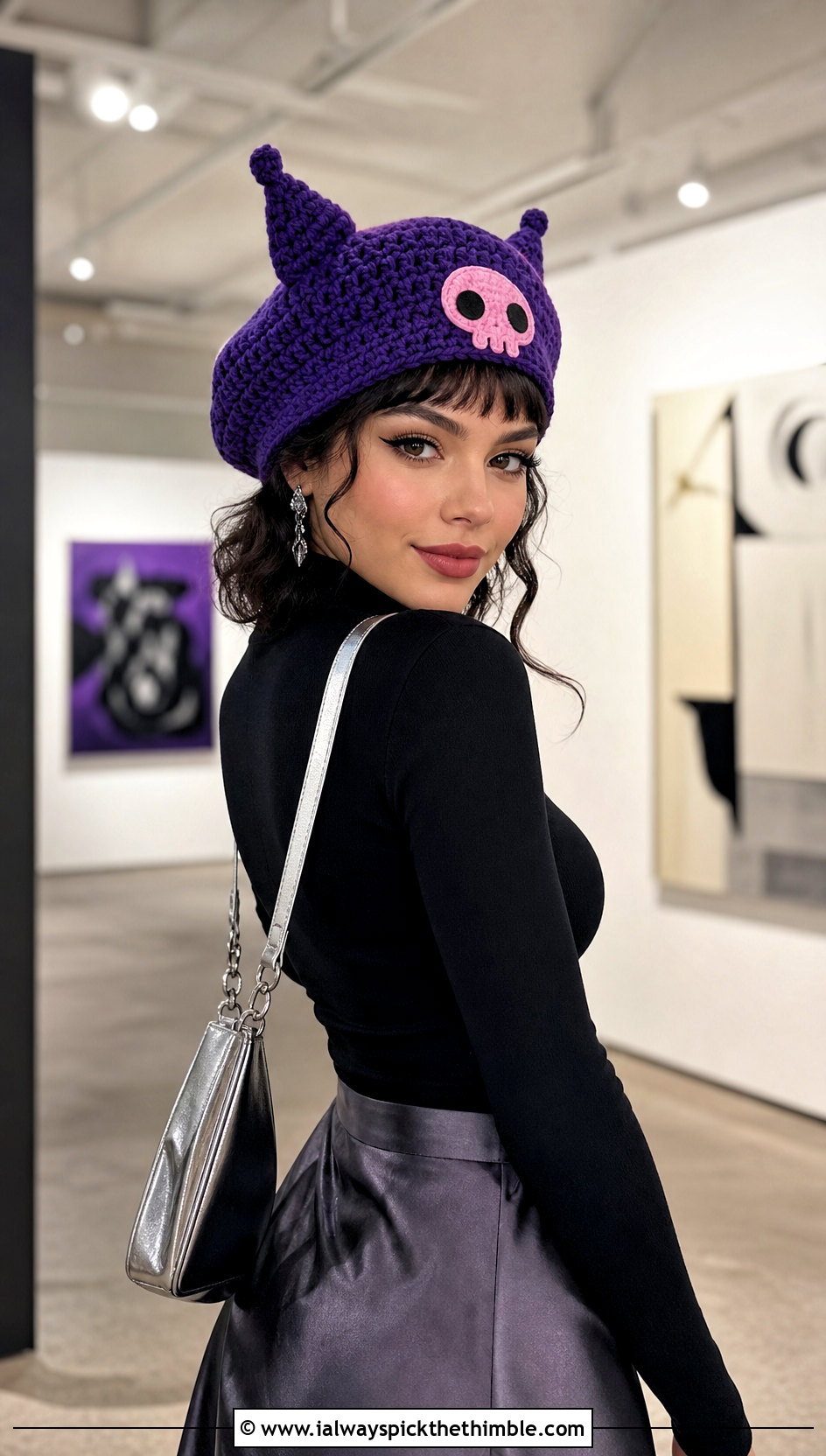 Kuromi Crochet Devil Horn Beret With Satin Skirt - 20 sanrio crochet hat outfit ideas