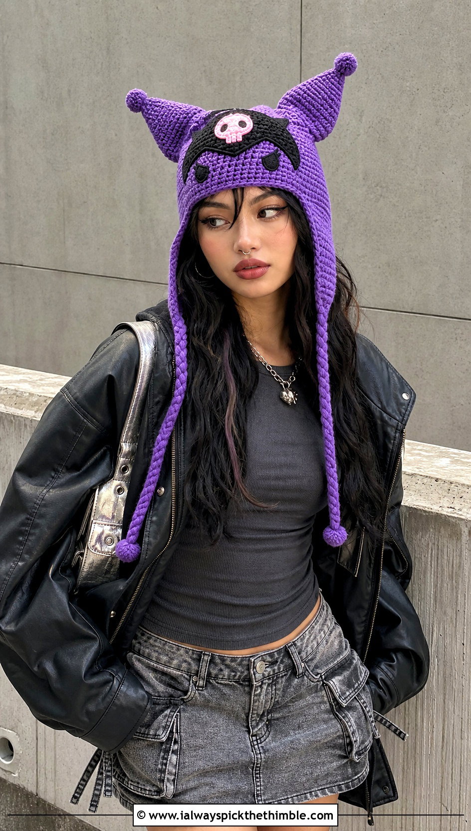 Kuromi Crochet Jester Earflap Hat With Leather Jacket - 20 sanrio crochet hat outfit ideas