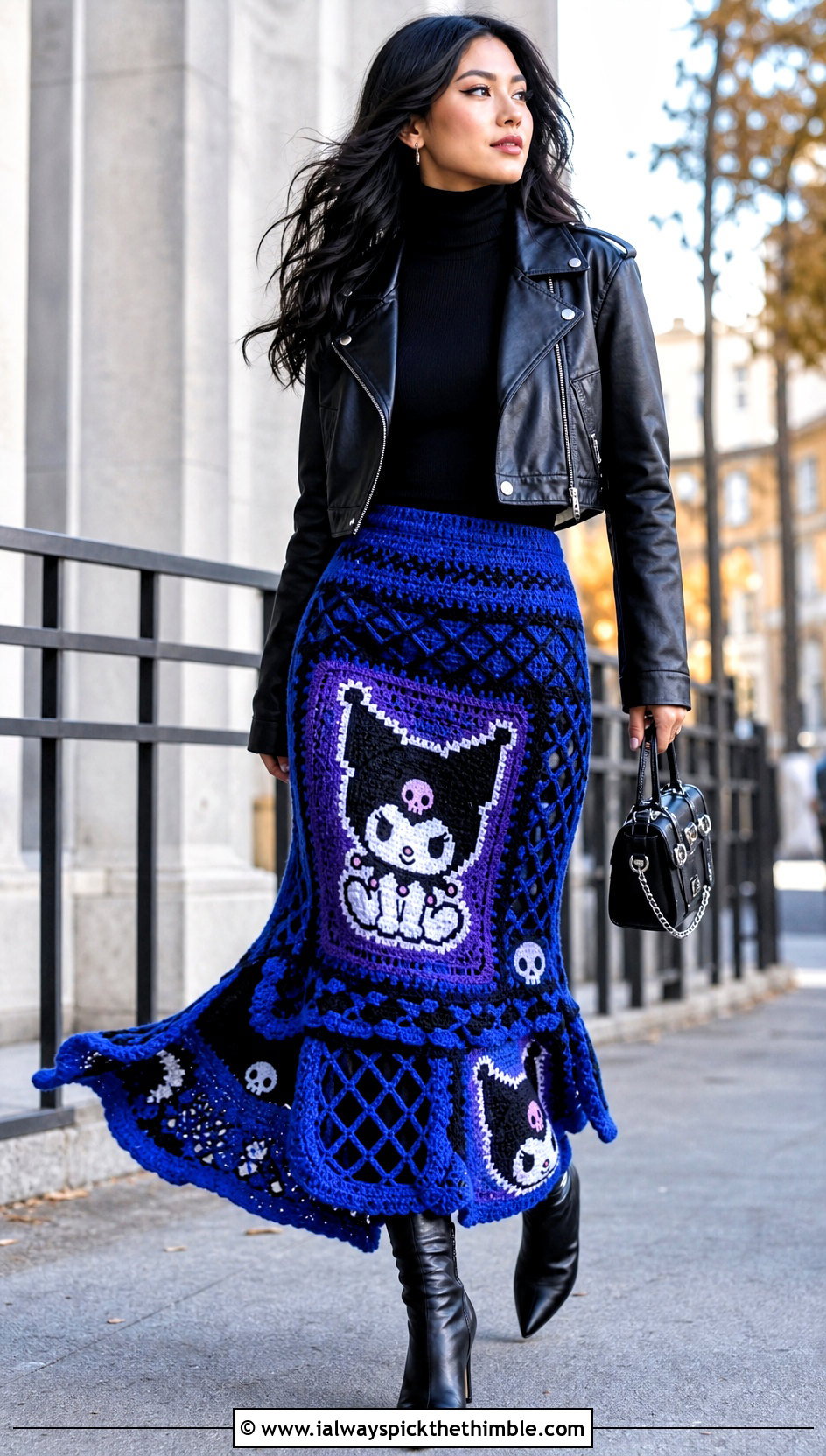 Kuromi Crochet Maxi Skirt With Fitted Turtleneck - 20 Sanrio Crochet Clothes and outfit ideas