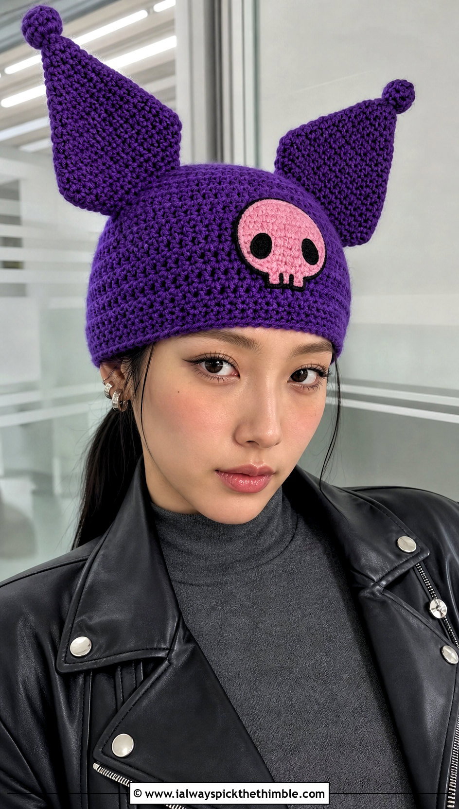 Kuromi Jester Ear Crochet Beanie With Leather Blazer - 20 sanrio crochet beanie outfit ideas