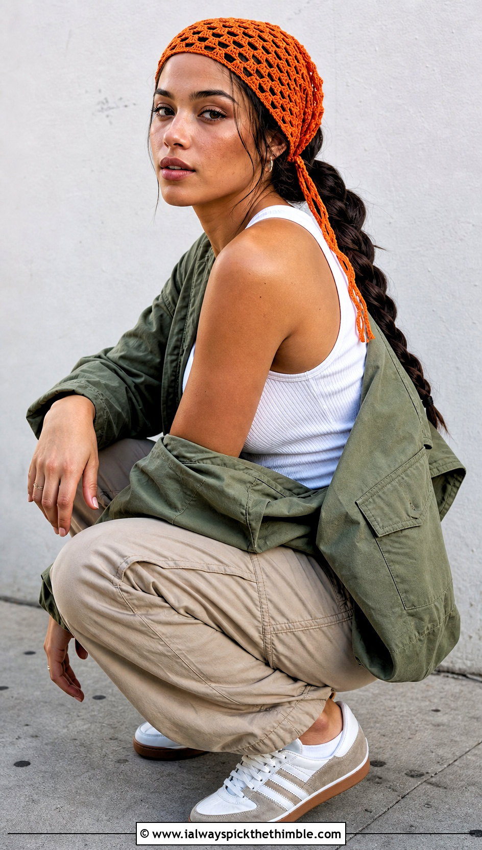 Lace Bandana Crochet Headband With Cargo Pants - 20 lace crochet headband outfit ideas