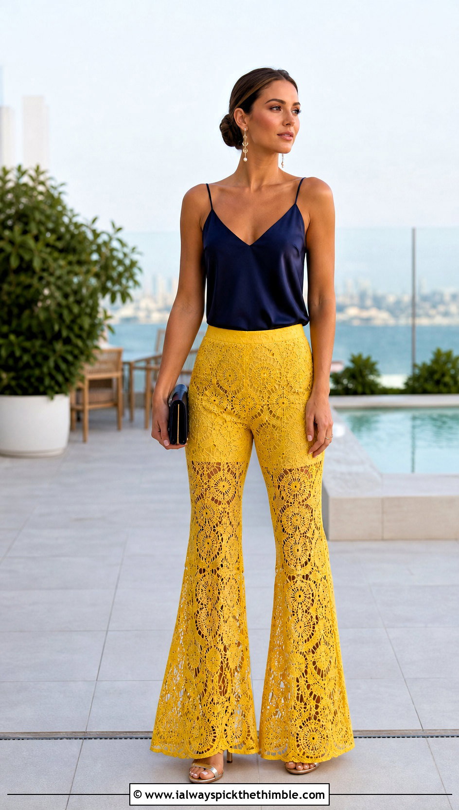 Lace Bell Bottom Crochet Pants With Satin Cami - 20 women crocheted pants outfit ideas