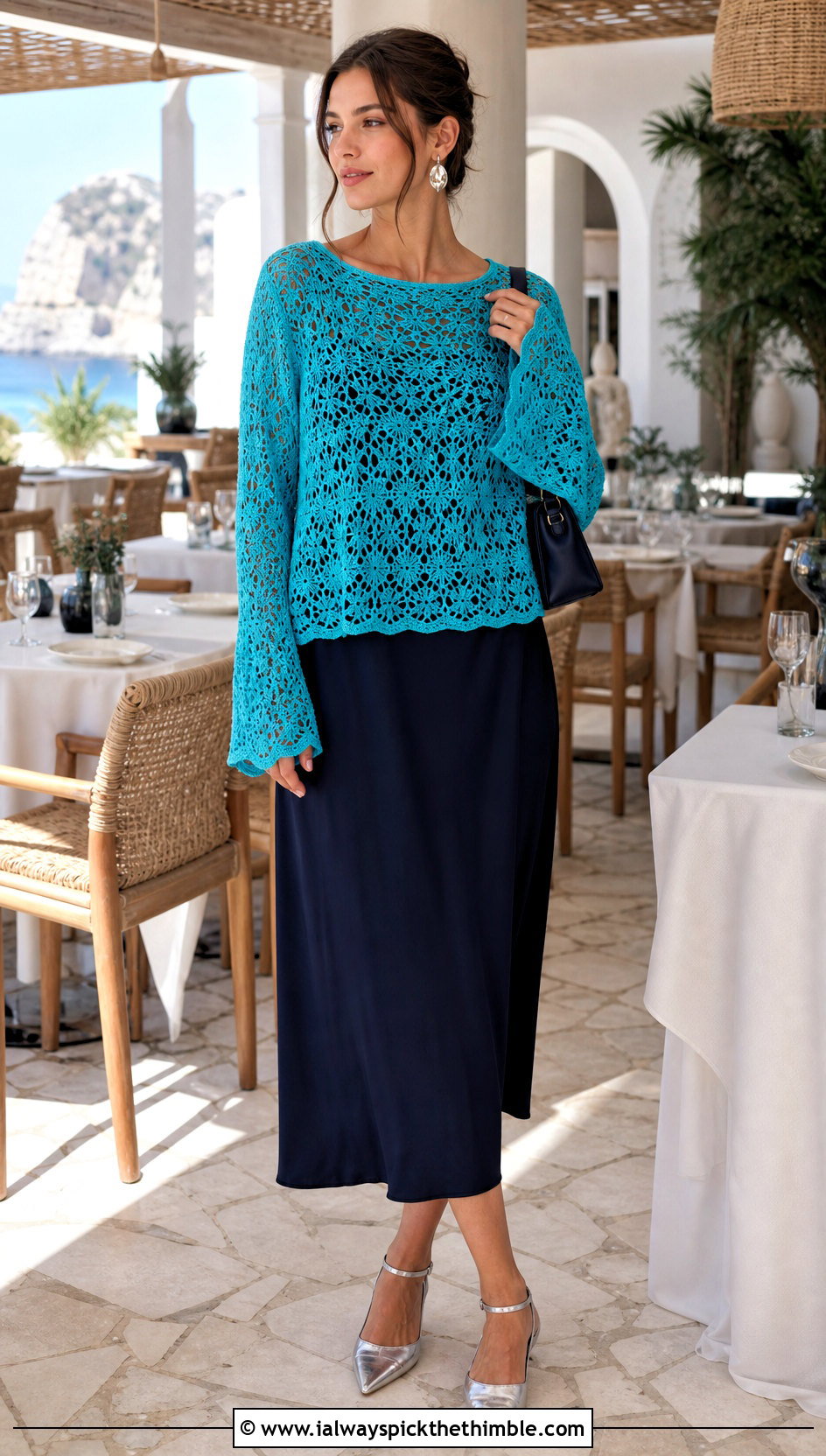 Lace Bell Sleeve Crochet Pullover Sweater With A Slip Dress - 15 crochet for ladies pull over sweaters outfit ideas