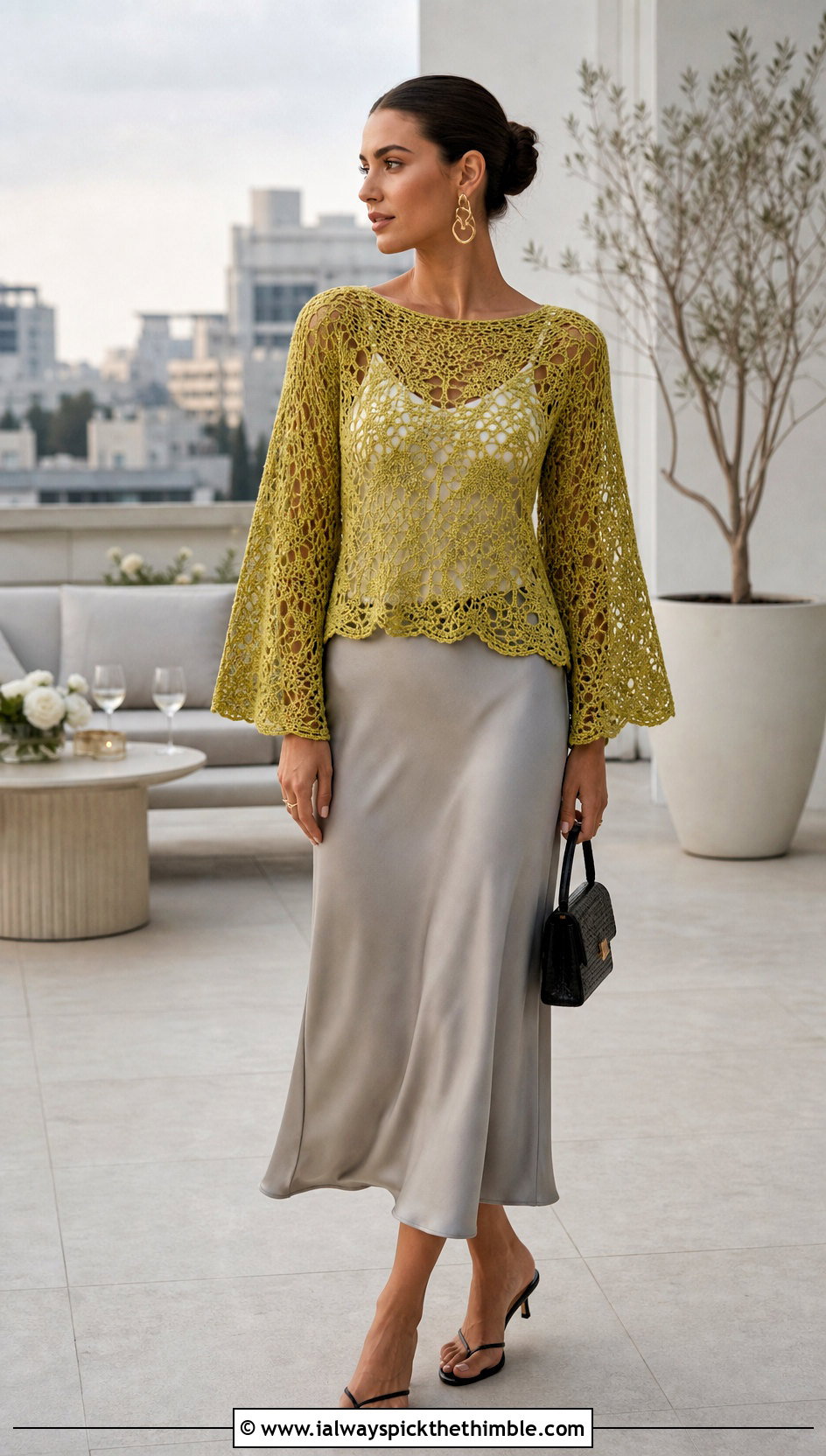 Lace Bell Sleeve Crochet Summer Sweater With Satin Skirt - 15 Crochet Summer Sweater outfit ideas