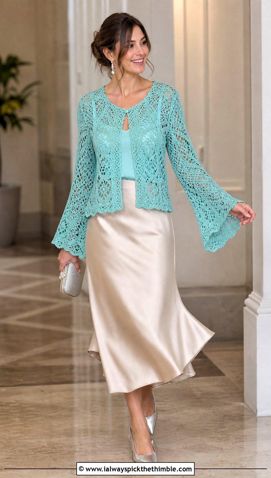 Lace Bell Sleeve Crochet Sweater With Satin Midi Skirt - 20 bell sleeve crochet sweater outfit ideas