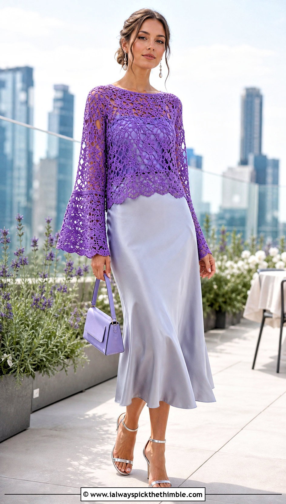 Lace Bell Sleeve Crochet Sweater With Satin Skirt - 15 Summer Style Crochet Sweater outfit ideas