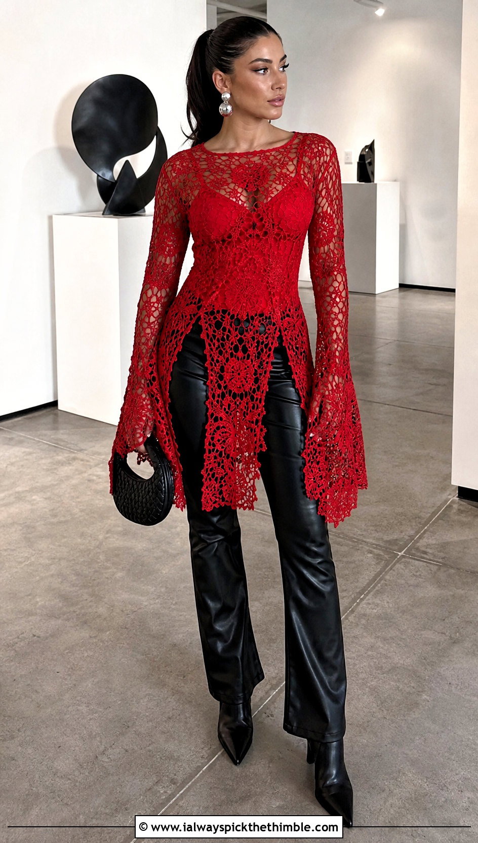 Lace Bell Sleeve Crochet Tunic With Leather Pants - 15 Crochet Long Sleeve Tunic outfit ideas