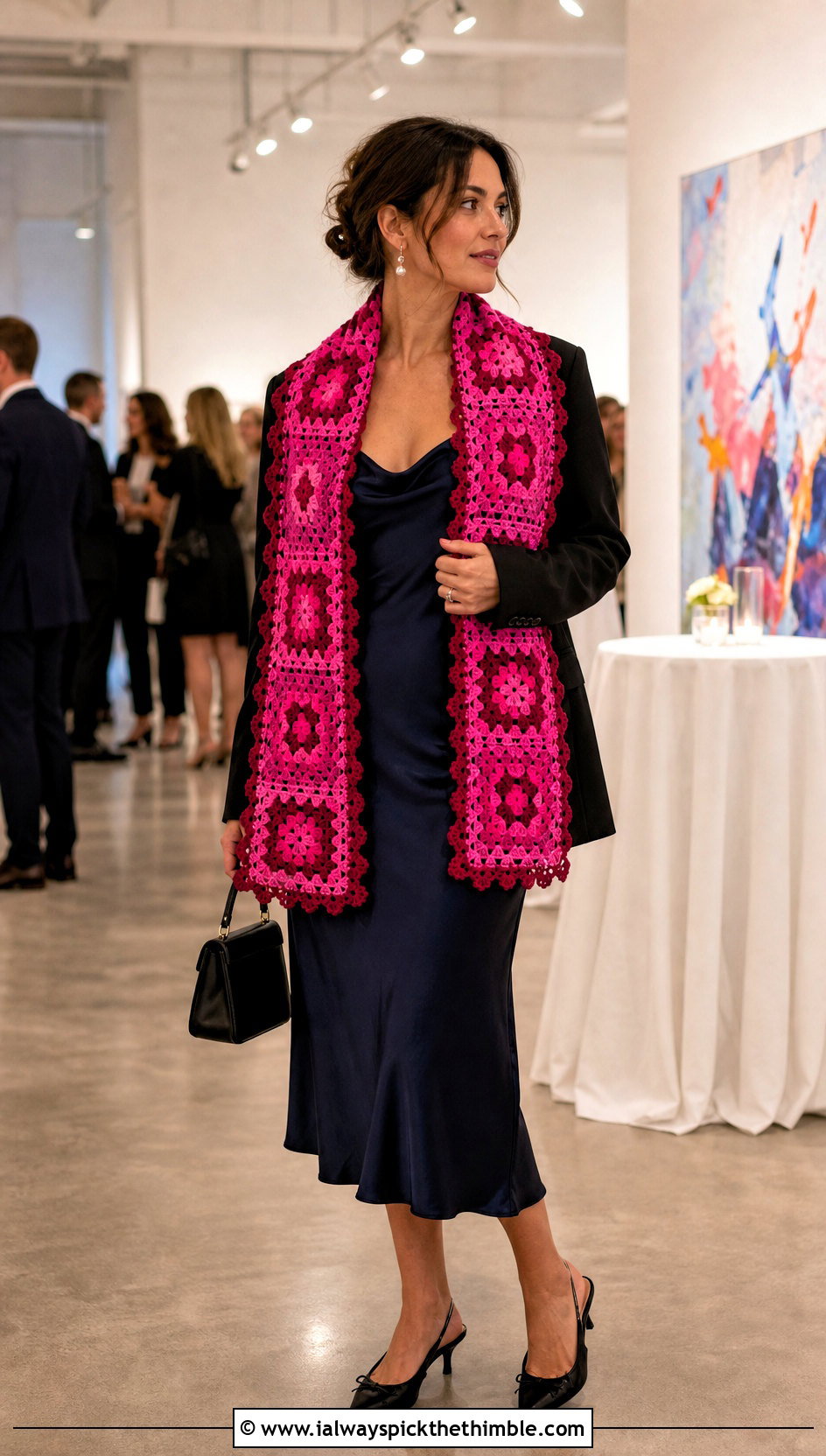 Lace Border Granny Square Scarf With Slip Dress And Blazer - 25 granny square scarf outfit ideas
