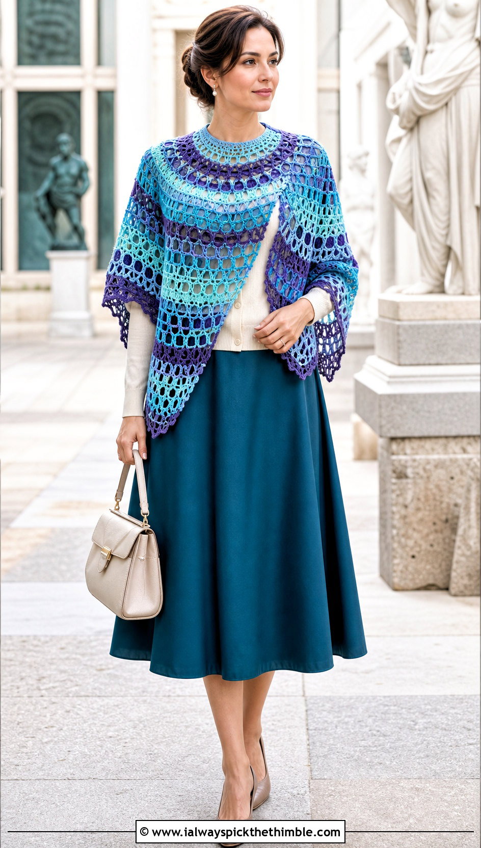 Lace Border Semicircle Mosaic Crochet Shawl With Cardigan And Midi Skirt - 20 mosaic crochet shawl outfit ideas