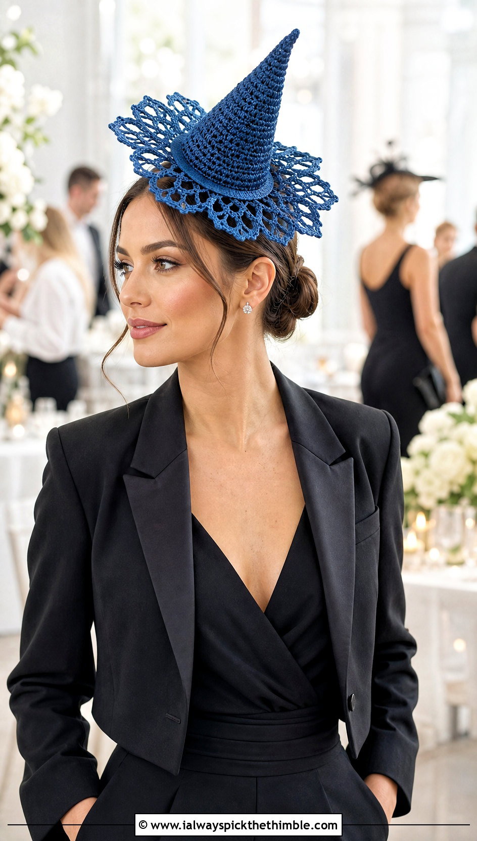 Lace Brim Crochet Mini Witch Hat Fascinator With Wide Leg Jumpsuit - 20 Crochet Mini Witch Hat outfit ideas