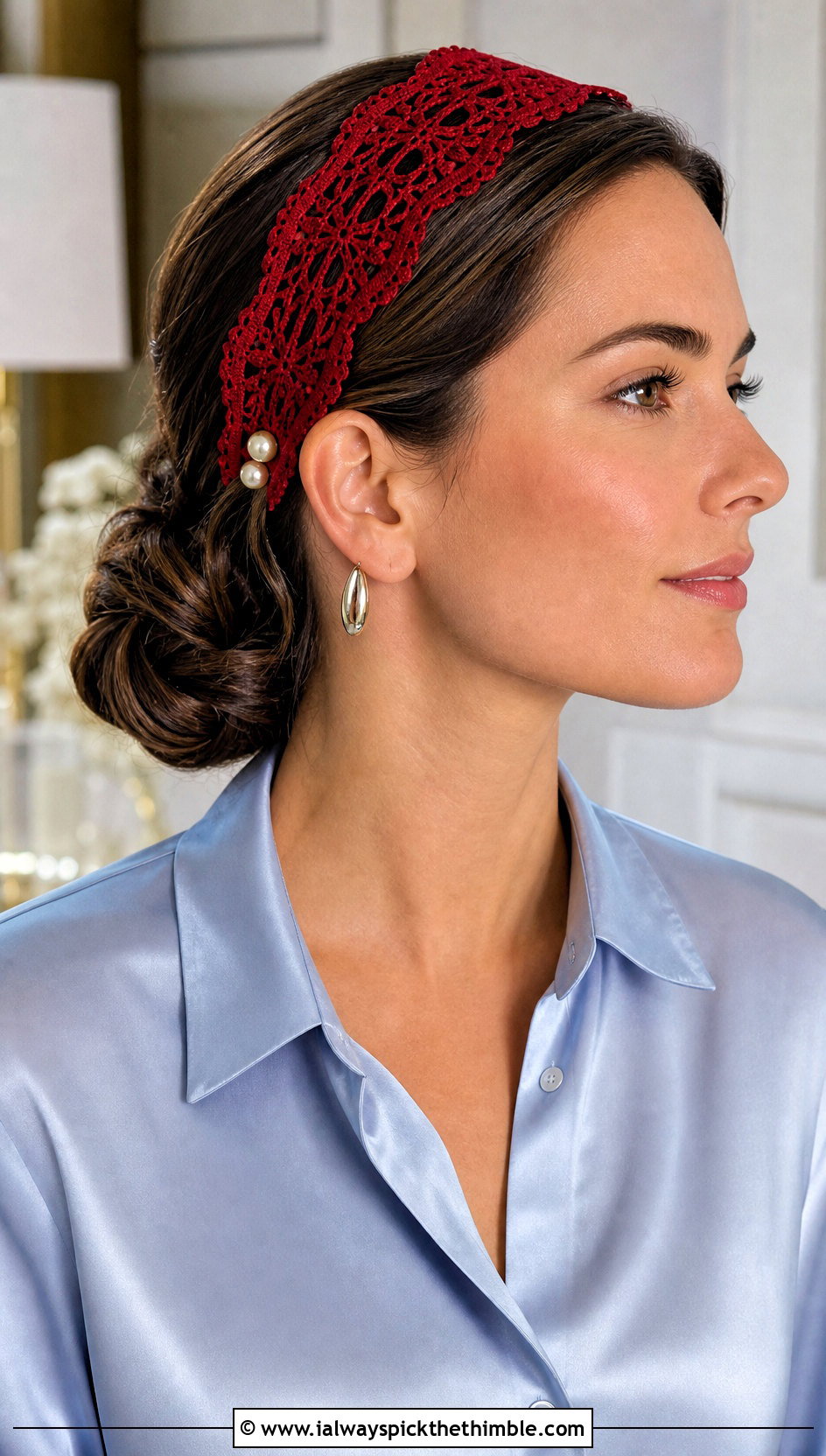 Lace Button Crochet Headband With Satin Blouse And Trousers - 15 Crochet Button Headband outfit ideas