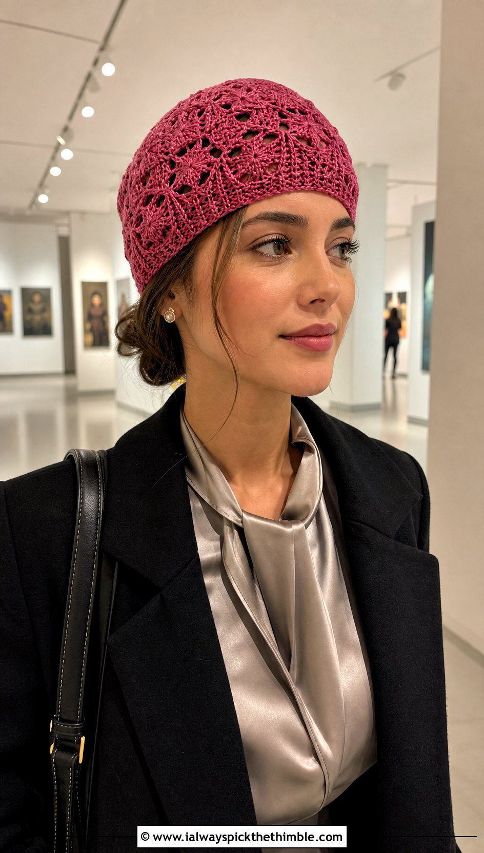 Lace Cable Crochet Hat With Satin Blouse - 25 crochet cable hat outfit ideas