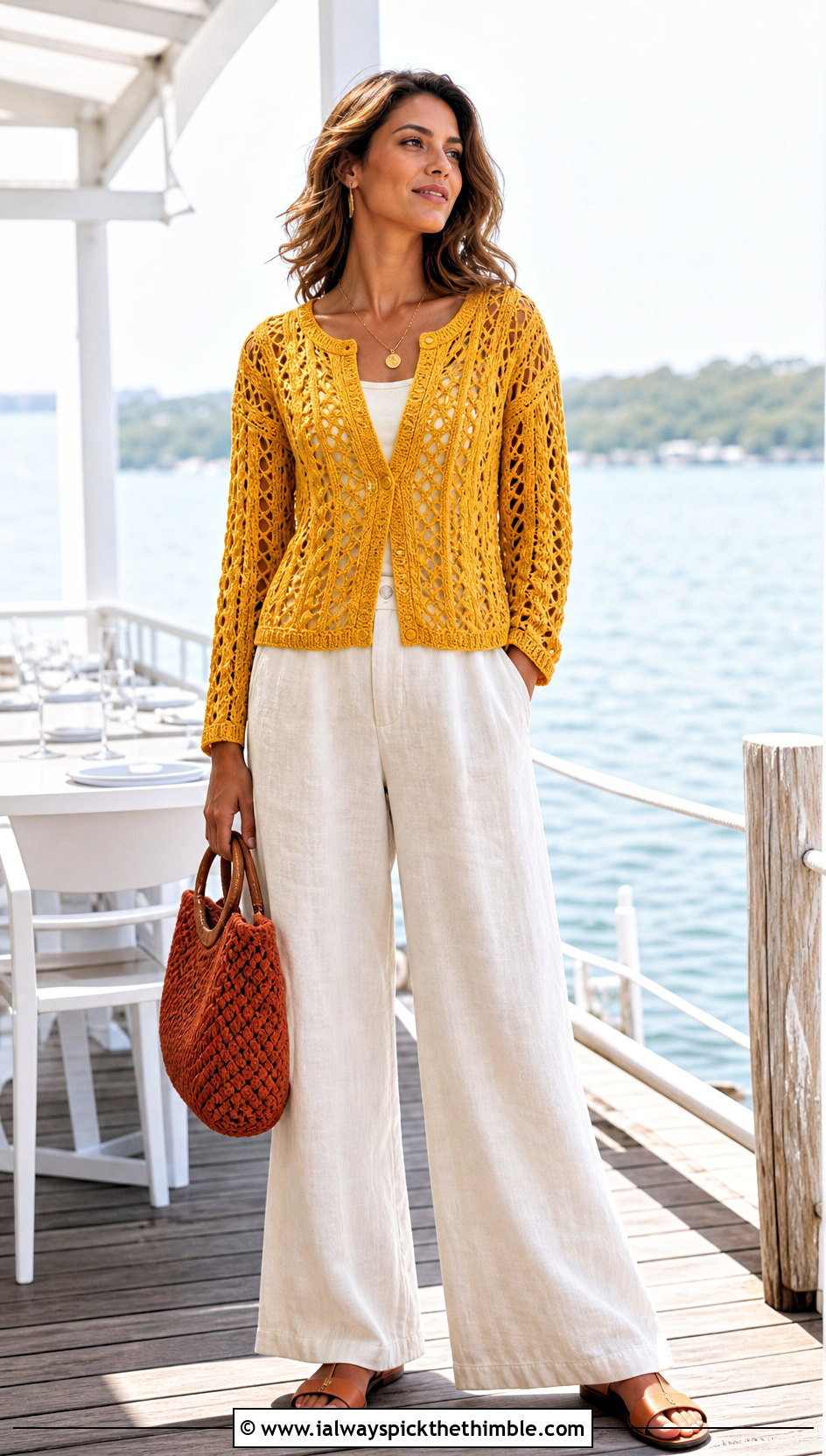 Lace Cable Crochet Sweater With Linen Pants - 25 crochet cable sweater outfit ideas