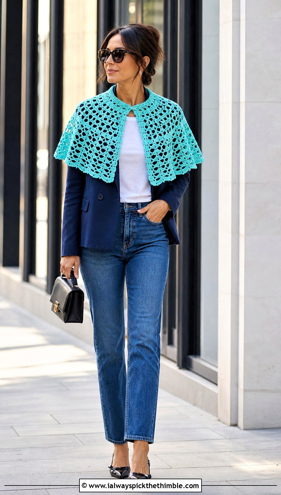 Lace Capelet Crochet Poncho With Blazer And Jeans - 25 crochet poncho woman outfit ideas
