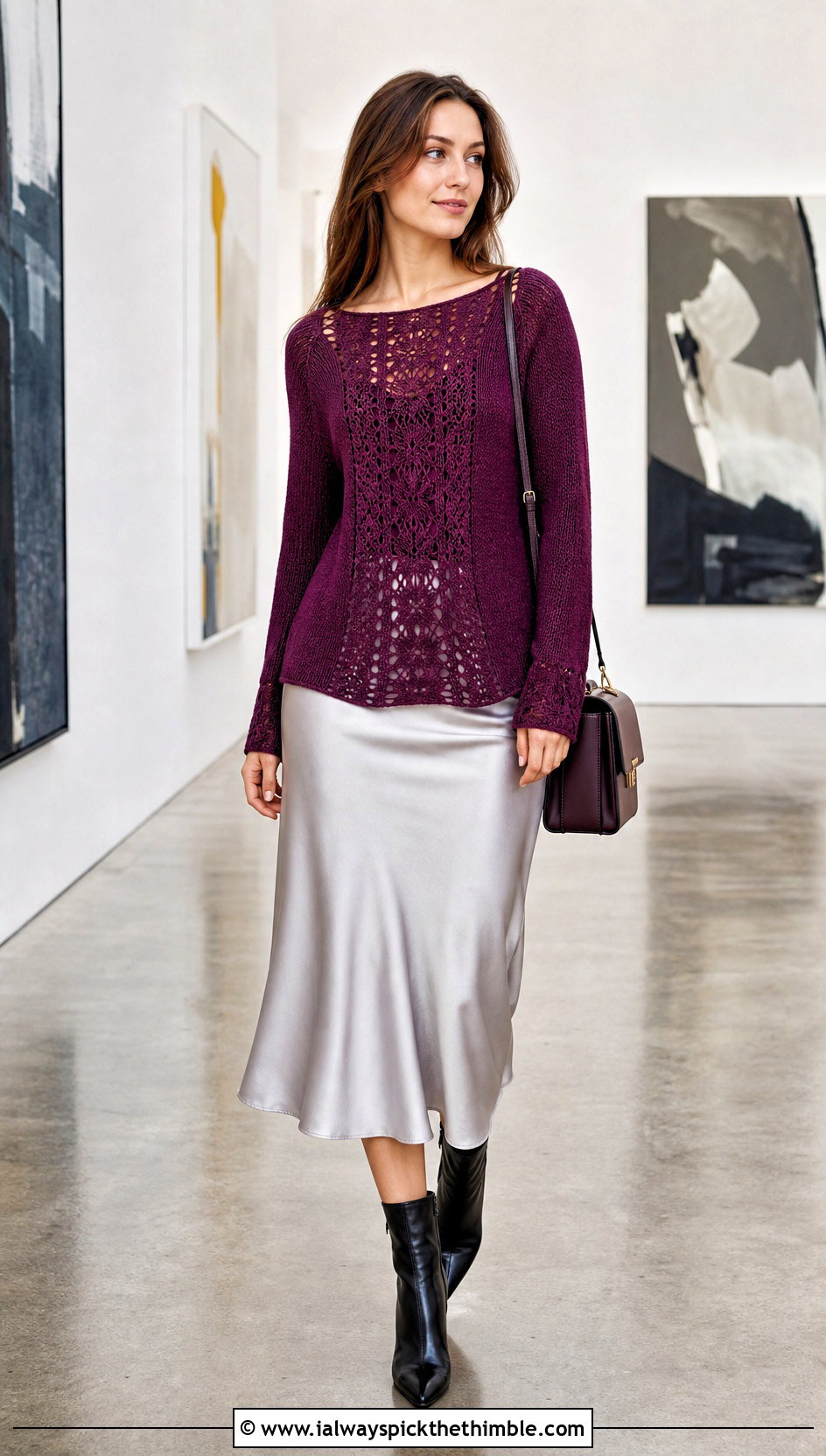 Lace Center Panel Sweater With Satin Midi Skirt - 20 crochet panel sweater outfit ideas
