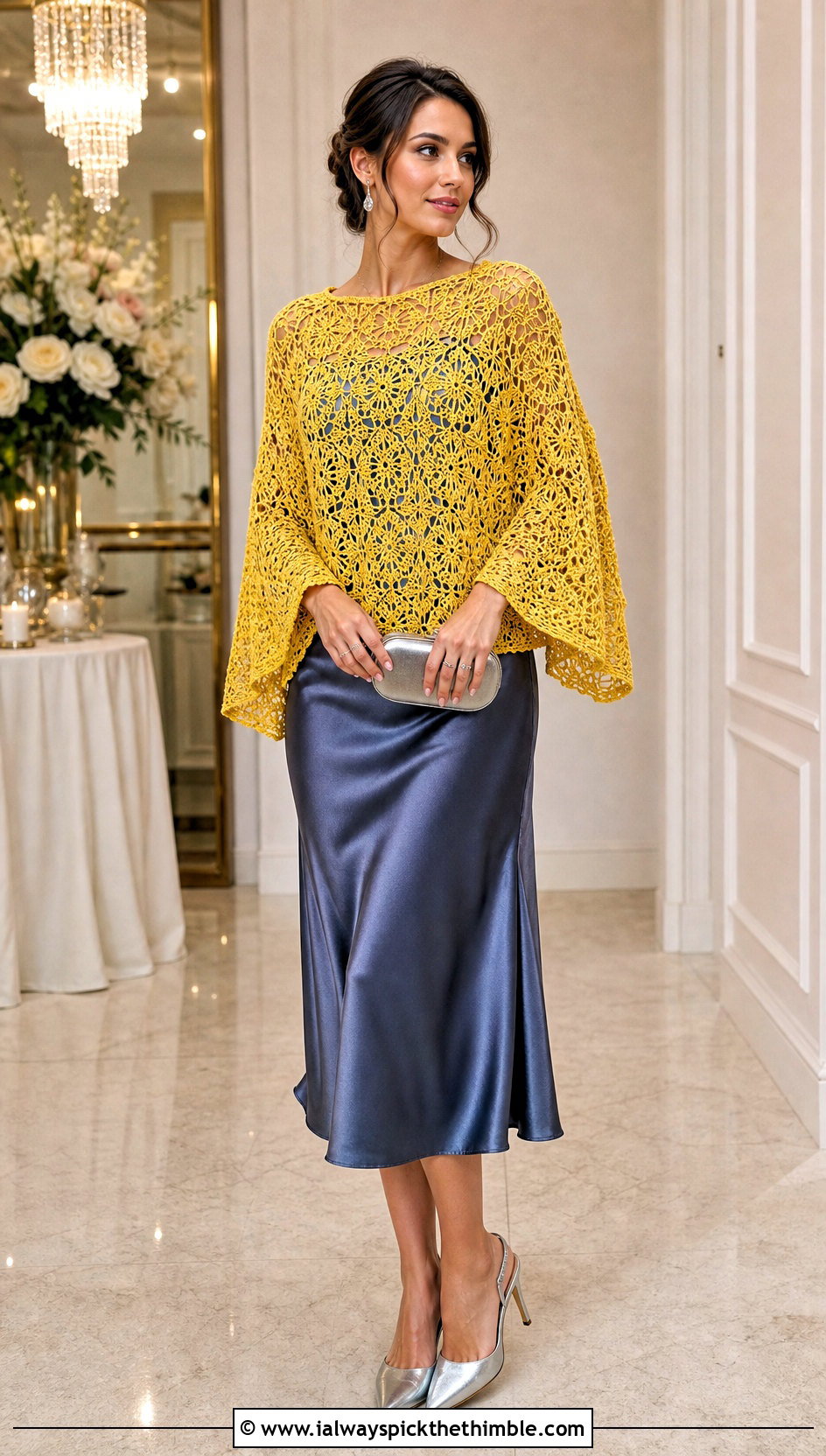 Lace Circle Poncho With Satin Slip Dress - 20 Crochet Circle Poncho outfit ideas