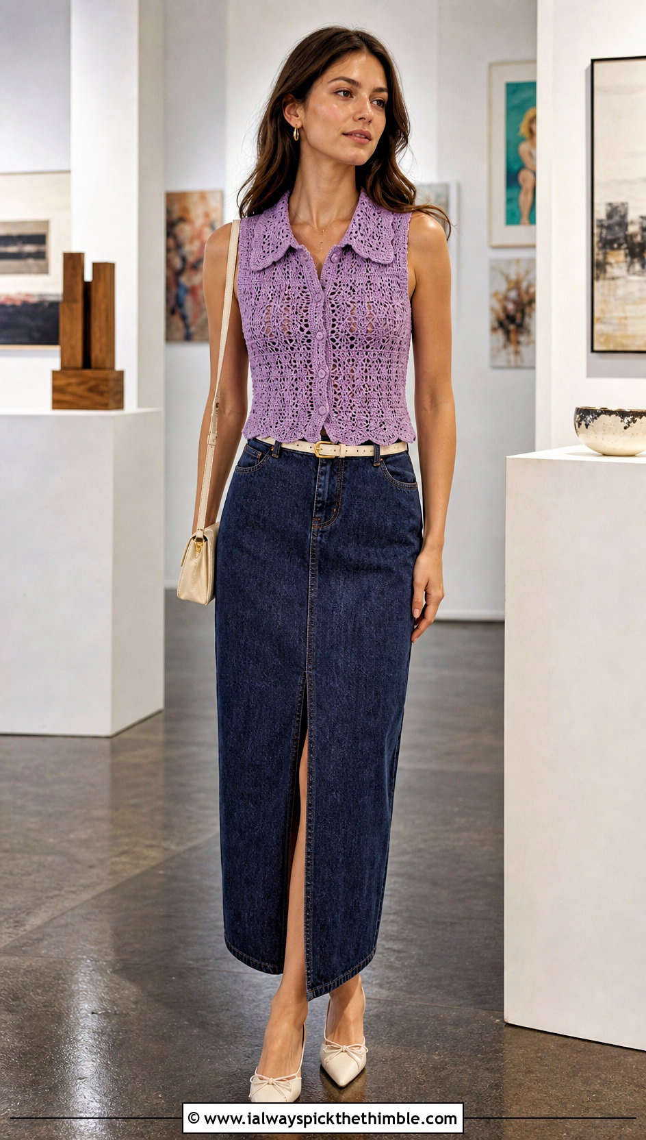 Lace Collar Crochet Vest With Denim Maxi Skirt - 20 crochet vest with collar outfit ideas
