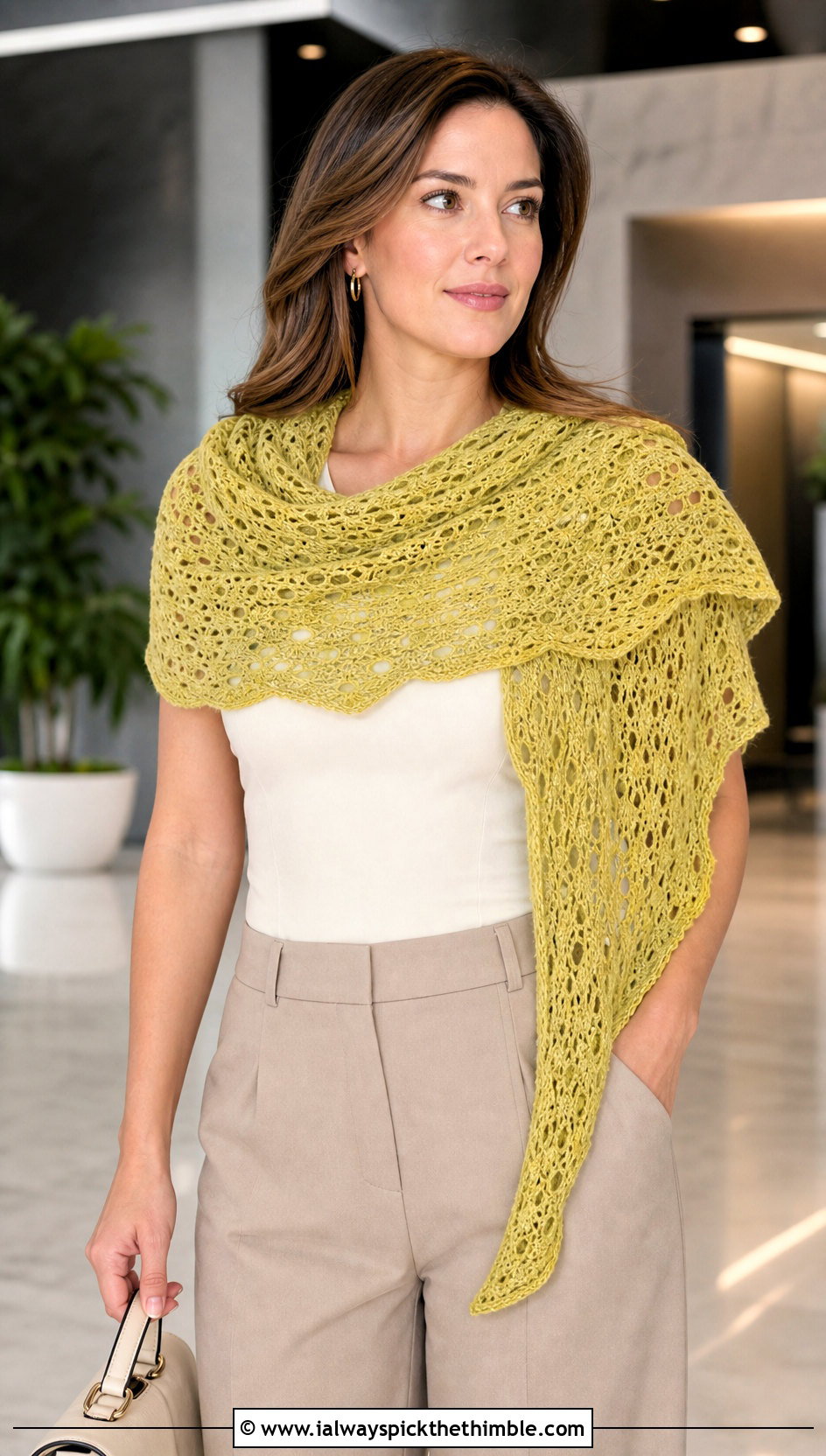 Lace Crescent Crocheted Shawl With Tailored Trousers - 20 Crocheted Shawl outfit ideas