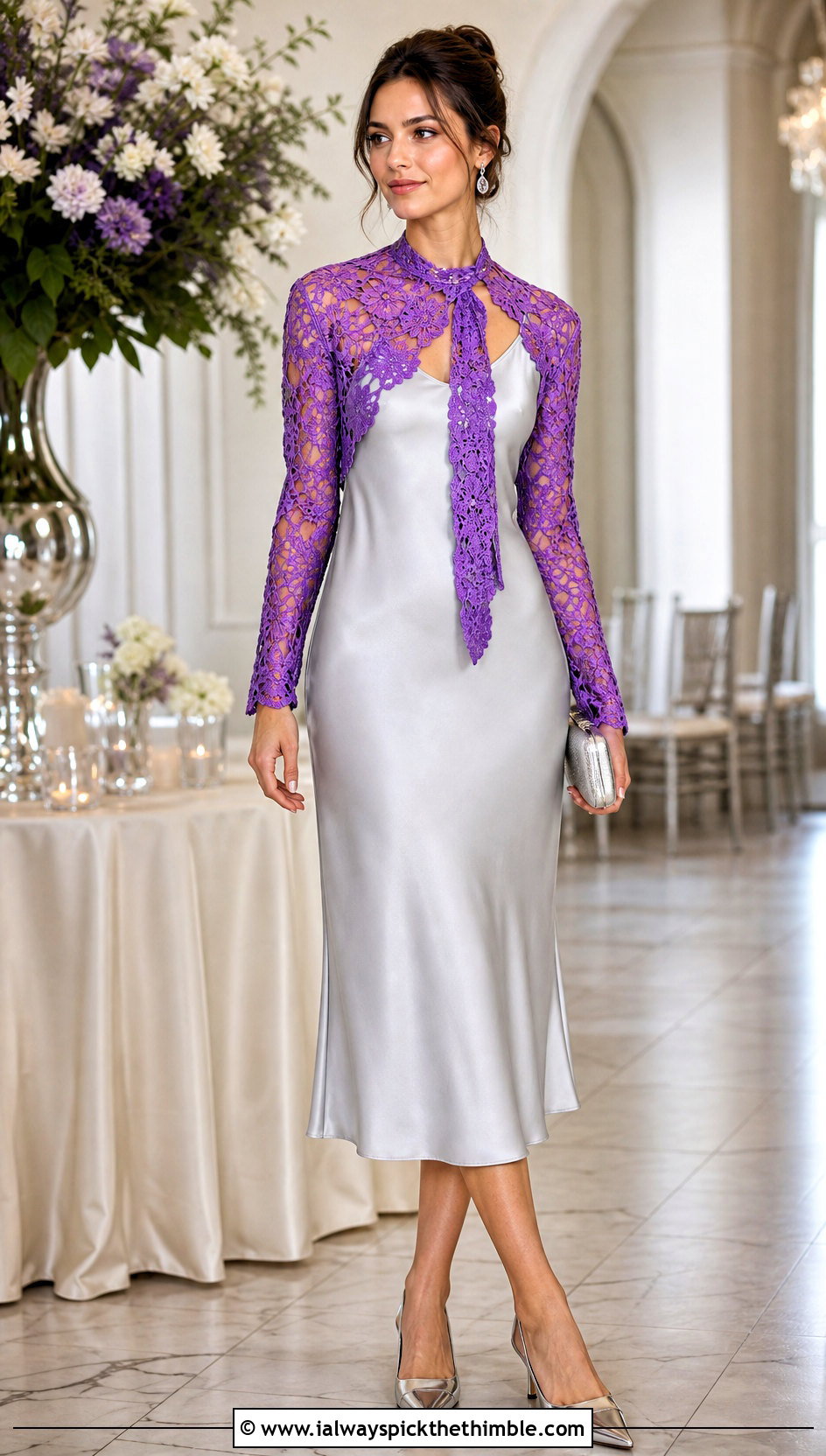 Lace Crochet Bolero Scarf With Satin Slip Dress - 25 crochet wrap with sleeves outfit ideas