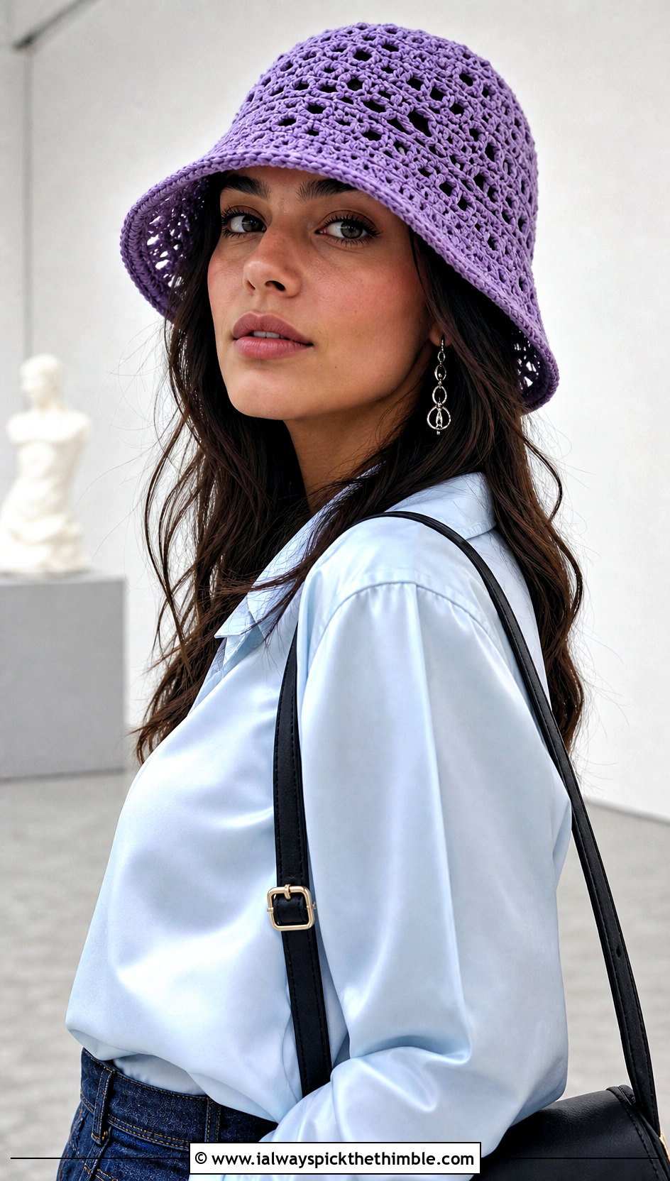 Lace Crochet Bucket Hat With Satin Blouse And Jeans - 20 Easy Crochet Bucket Hats outfit ideas