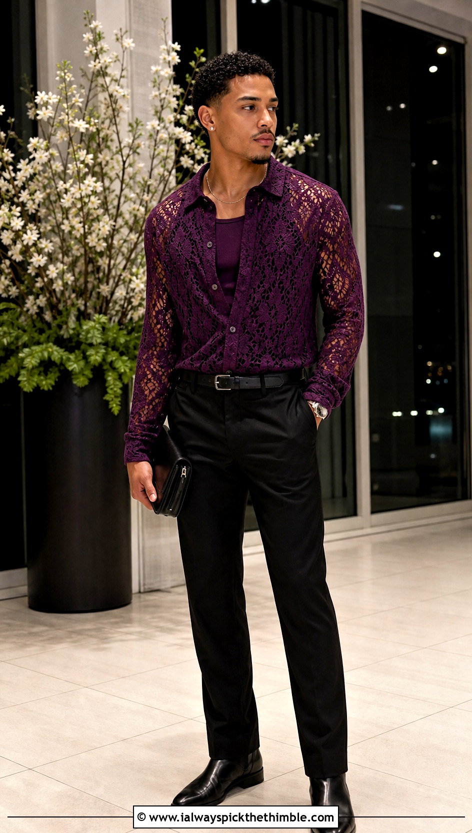 Lace Crochet Button Up With Wool Trousers - 25 crochet shirt men outfit ideas