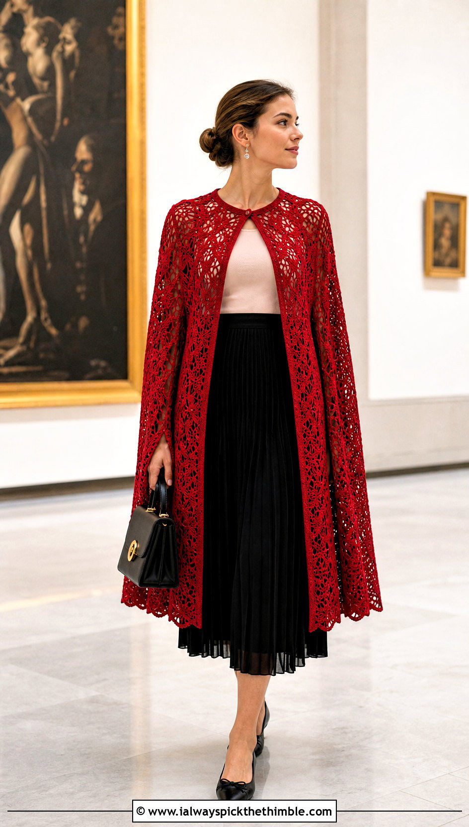 Lace Crochet Cape Coat With A Pleated Midi Skirt - 15 Crochet Cape Coat outfit ideas