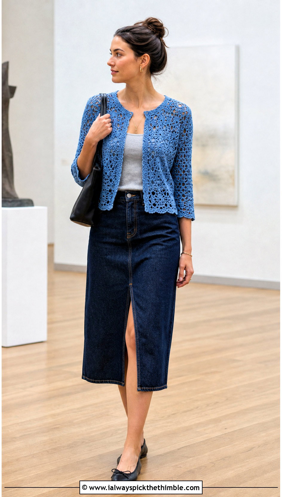 Lace Crochet Cardigan With Denim Midi Skirt - 15 Women Crochet Cardigan outfit ideas